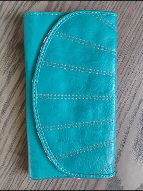 Teal Folded Leather Wallet with Pink Floral Lining